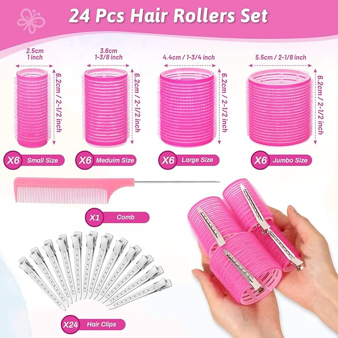 50 Pcs Rollers Hair Curlers Set with 24Pcs Self Grip Hair Rollers 4 Sizes and 24 Pcs Clips for Blowout Look Long Medium Short Thick Hair Volume