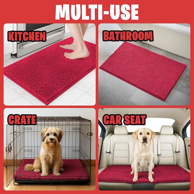 MudGuard Mat™ Dog Door Mat for Muddy Paws, Super Absorbent Microfiber, Non-Slip Indoor Mat, Quick Dry Chenille Mud Mat for Dogs & Entryway, Washable, Red 24" x 36"