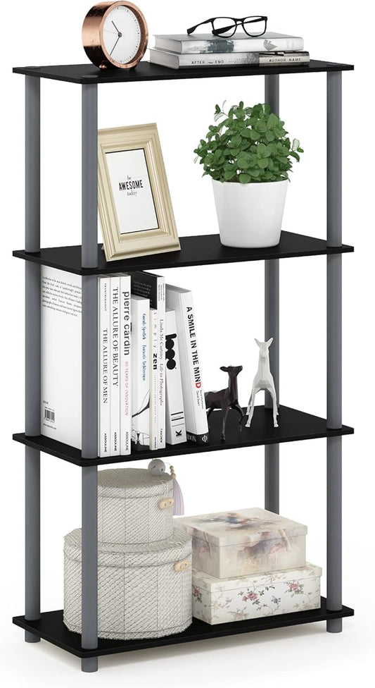 Furinno TURN-N-TUBE Storage Shelves, 4-Tier Toolless Book Shelf, Corner Shelf, Toolless Open Shelves, for Organization and Storage, Living Room, Garage, Home Office, Black