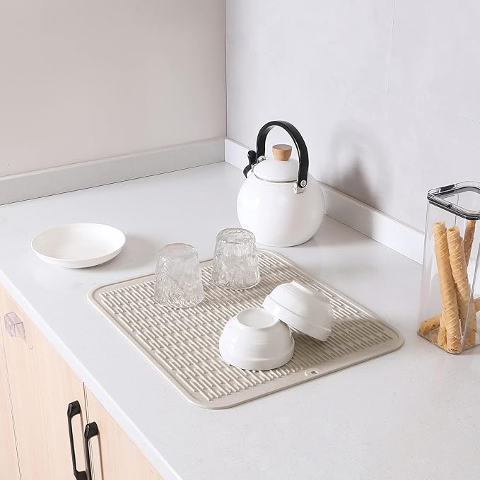 Silicone Dish Drying Mat for Multiple Usage,Easy clean,Eco-friendly,Heat-resistant Silicone Mat for Kitchen Counter or Sink,Refrigerator or Drawer Liner Tapioca XL 18 inches x 16 inches