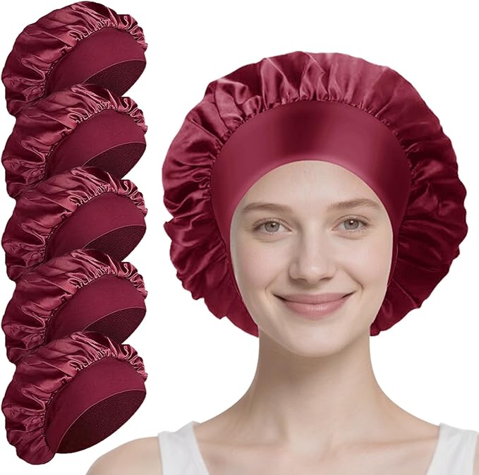 5 Pack Satin Bonnet for Women, 30cm Adjustable No-Slip Sleep Cap for Curly Hair, Breathable Head Wrap for Sleeping & Skincare