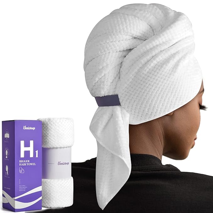 Umisleep Extra Large Microfiber Hair Towel for Women Long, Curly, Thick Hair, Super Soft Anti Frizz Quick Dry Hair Towel Wrap, Ultra Absorbent Hair Turban with Elastic Band White