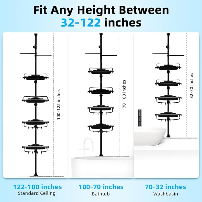 32-122inch Corner Shower Caddy Tension Pole with Shower Curtain, Rustproof Drill-Free Adjustable Shower Shelves for Bathroom Bathtub Washbasin, with 4 Tier Patent Stable Shelves & Towel Bars