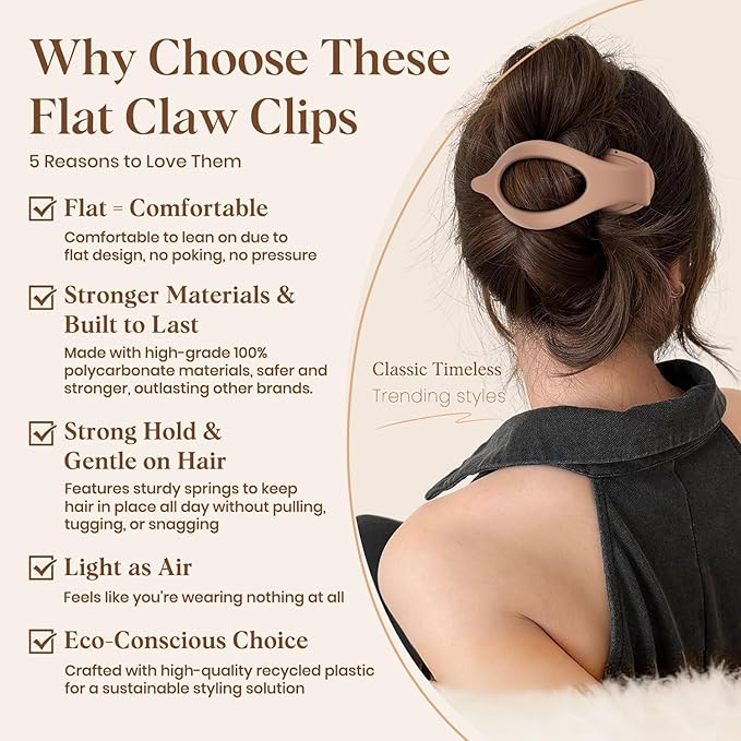 4 PCS Large Flat Hair Clips for Women Girls, French Concord Lay Down Flat Claw Clips for Thick Thin Hair, Comfortable Curved Flat Clip, Matte Non-slip Strong Hold Hair Accessories, Neutral