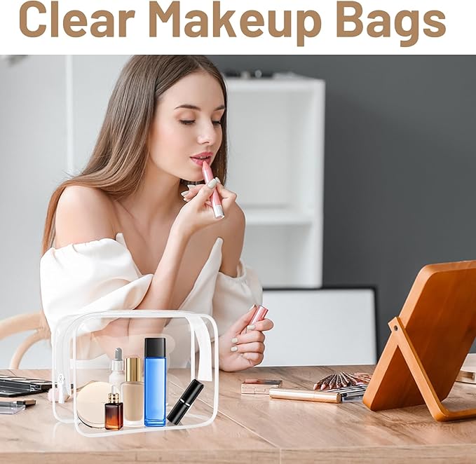 4 Pcs Clear Toiletry Bag, Portable Makeup Cosmetic Bags Pouch with Zipper, PVC Clear Travel Pouch for Women Men - White