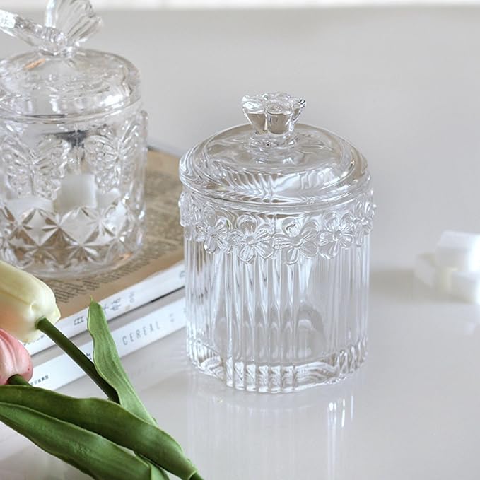 PENCK 2pcs Elegant Glass Qtip Holder Cute Apothecary Jars with Lid Stylish Hair Ties Candy Jar Bathroom Canister Essentials Accessories Decor Makeup Storage Organizer for Cotton Swabs, Balls (Clear)