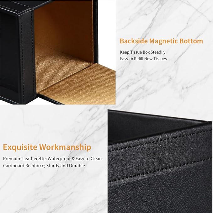 PU Leather Square Tissue Box Cover with Storage Tray - Decorative Organizer for Bathroom Vanity, Night Stands, Office Desk, Bedroom Countertop | Stylish Tissue Holder for Home & Office Décor