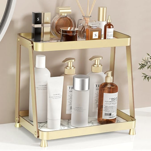 Bathroom Counter Organizer - 2-Tier Acrylic Makeup Organizer Countertop with Marble Tray, Perfume Organizer & Vanity Organizer, Makeup Tray Shelf for Skincare, Cosmetics Display, Gold
