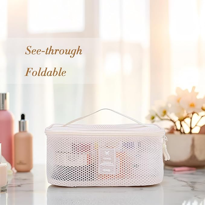 Mesh Makeup Bag, Breathable Cosmetic Bags with Zipper, Travel Lightweight Make Up Organizer Mesh, Toiletry Bag with Handle for Women Girls Gift, White