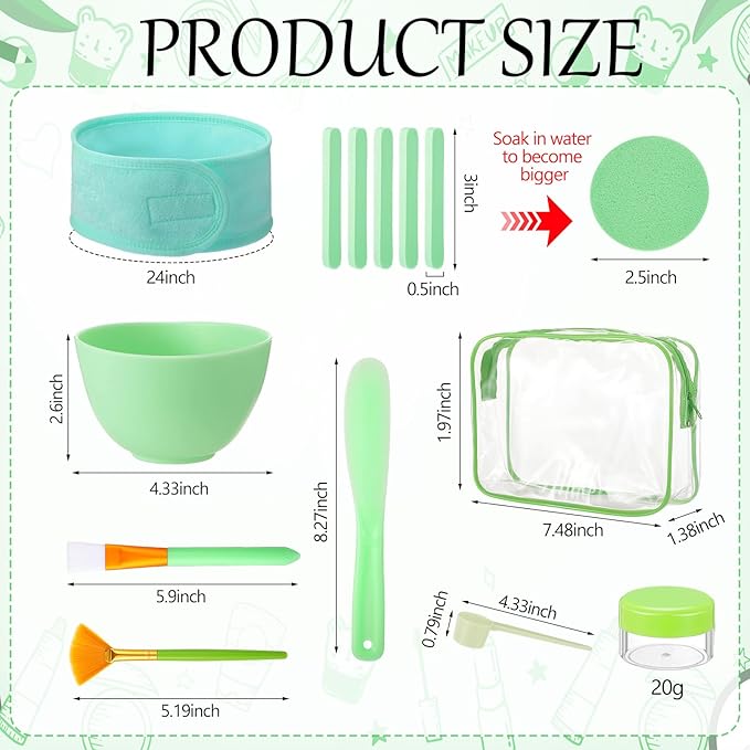 LemonRoad 34 Pcs Esthetician Facial Supplies Include Facial Bowls Brushes Jars Measuring Spoons Hairbands Esthetician Essentials Valentines Gift Set For Women(Green)