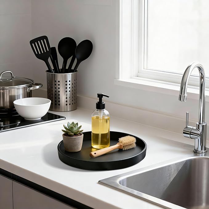 2 Pack 8" Bathroom and Vanity Tray, ABS Bathroom Counter Organizer， Coffee Table Decor for Perfume, Candles, Keys &More. Kitchen Countertop Organizer, Decorative Tray Soap Holder, Black