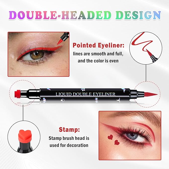 2PCS Double-headed Eyeliner Stamp Pencil Black and Red Liquid Winged Eyeliner Stamp Pen Waterproof Smudgeproof Eye Liner Stamp for Eye Makeup(Star)