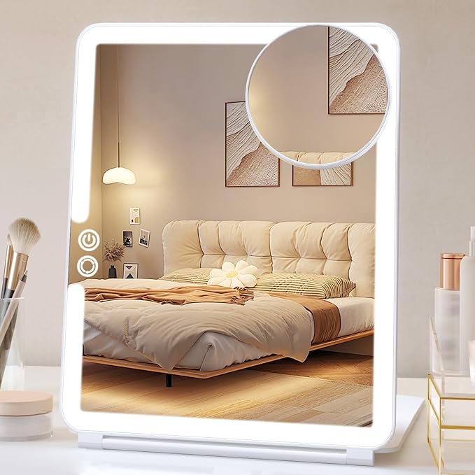 FUNTOUCH Rechargeable Large Travel Makeup Mirror with Lights, 1800mAh 10x7.5 Portable Lighted Makeup Mirror with 3 Color Lights, Dimming Folding Light Up Travel Mirrors with 10X Magnifying Mirror