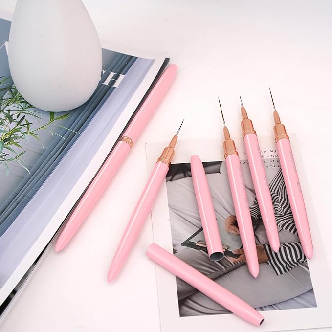 Metallic Nail Art Brushes, 5Pcs Liner Brush Set, UV Gel Polish Painting Art Design Pen for Long Lines, Thin Details, Fine Drawing Sizes 4/8/12/20/25mm(Pink)