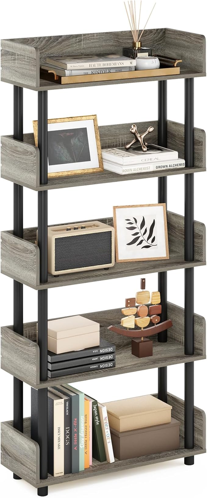 Furinno Turn-N-Tube 5-Tier Toolless Display Rack, French Oak/Black