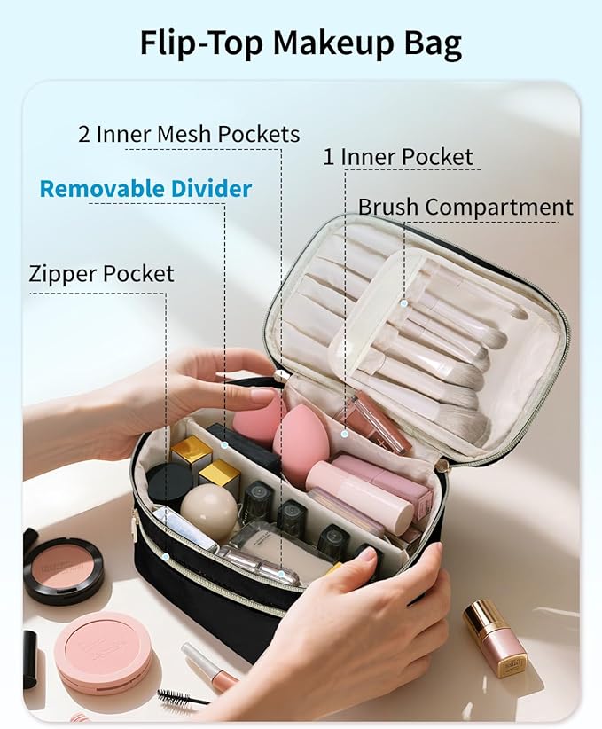 Wandering Nature Makeup Bag, Travel Make Up Bag with Divider, Makeup Case Organizer for Women in Fabric, Black