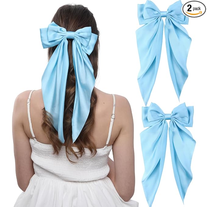 2PCS Big Hair Bow Clips for Women Girls – Light Blue Satin Ribbon Bow Barrettes with Long Tails, Large Pastel Hair Accessories for Ponytail, Spring & Casual Styling