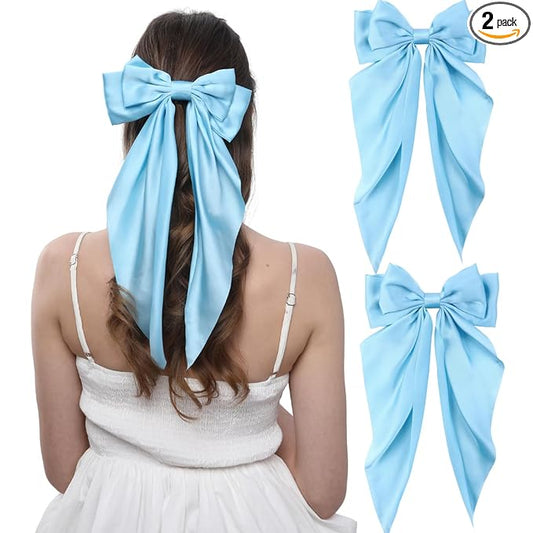 2PCS Big Hair Bow Clips for Women Girls – Light Blue Satin Ribbon Bow Barrettes with Long Tails, Large Pastel Hair Accessories for Ponytail, Spring & Casual Styling