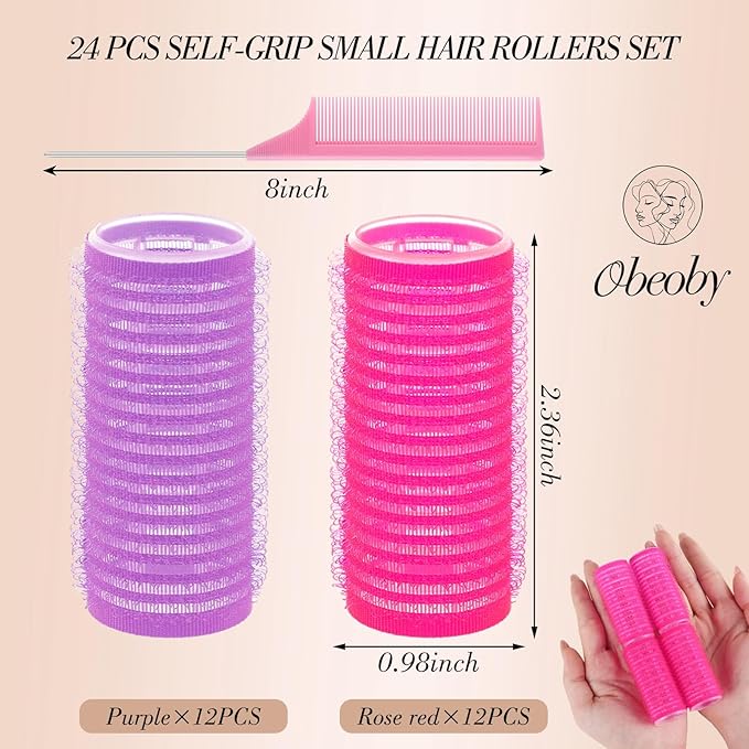 24 Pcs Self-Grip Small Hair Rollers Set, Curlers for Women Short Hair and Bangs, No Heat Hair Curlers to sleep in (25 mm, Rose Red and Purple)