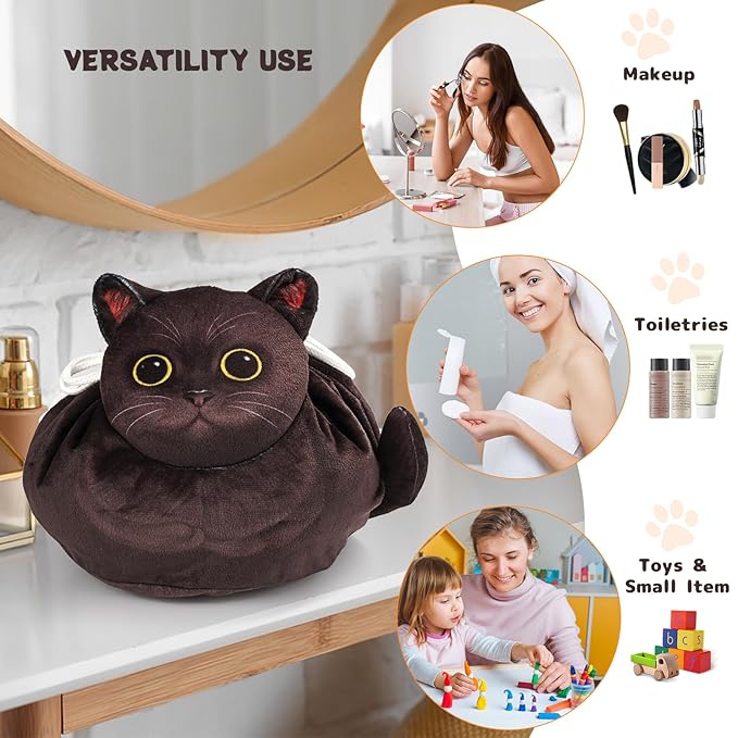 Drawstring Makeup Bag, Cat Makeup Bag, Travel Makeup Organizer, Cosmetic Pouch Bag, Cat Gift for Women, Lay Flat Makeup Bag Gifts for Cat Lovers