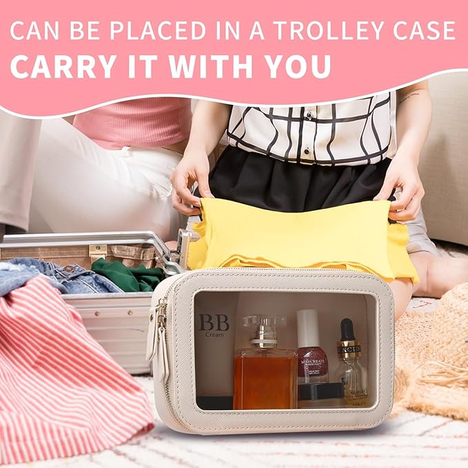 Clear Makeup Bag Small Cosmetic & Toiletry Bag Waterproof Travel Case Women's Pouch Organizer Makeup Bag for Car with Zipper Women (Beige, Small-1)