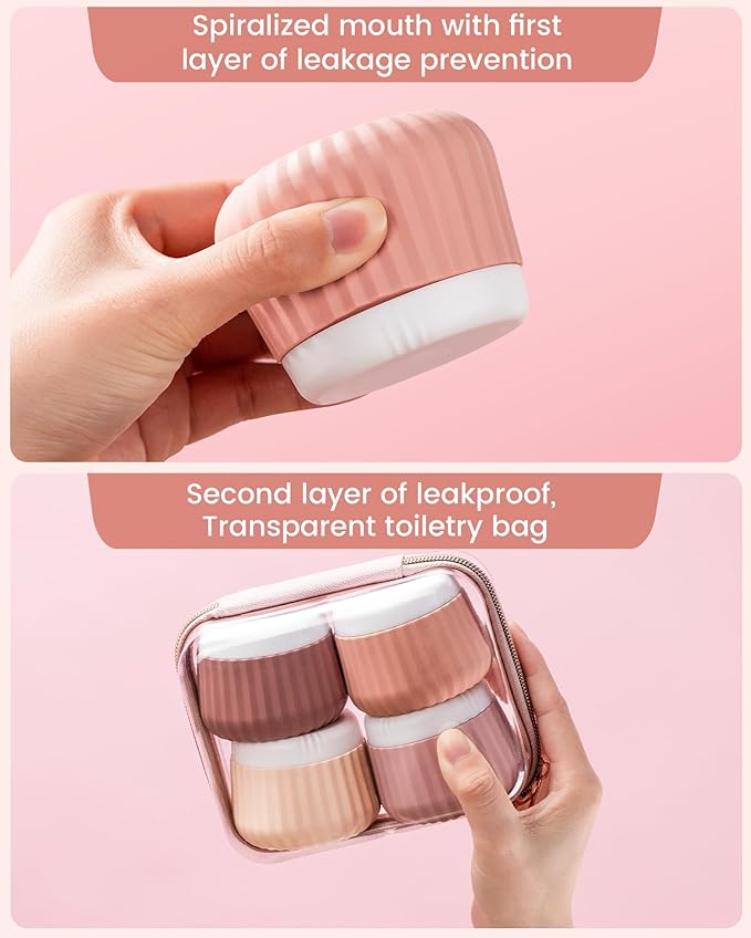 Travel Containers for Toiletries 4 Pack, Clear Hard Zipper Case, TSA Approved Travel Size Toiletries, With Clear Bag Leak Proof Silicone Jars, Creams Jars Carrying Small Items