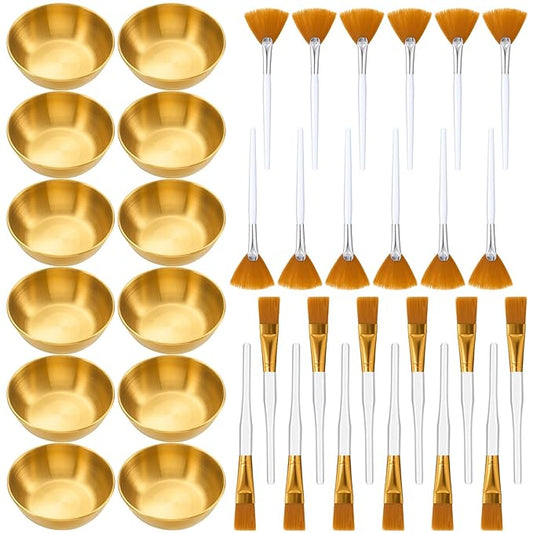 36 Pcs Esthetician Supplies for Facials Set Includes 12 Stainless Steel Facial Bowls 12 Brushes 12 Flat Facial Spatula Mask Cosmetic Applicators for Women Mask Mixing Tools Kit(Golden)