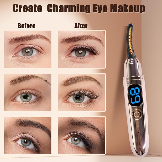 Heated Eyelash Curlers with Battery Indicator, Electric Eyelash Curler 3 Temperature Modes LED Display USB Rechargeable Makeup Tools, Heated Lash Curler Ideal Christmas Gift for Women Golden Brown Y1
