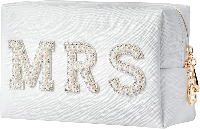 Bride Makeup Bag, Bride Patch MRS Cosmetic Bag, Pearl Rhinestone Letter Toiletry Bag, Wedding Bag, Portable PU Leather Waterproof Zipper Pouch, Bride Gift, Bridal Shower Gift, Engagement Gift