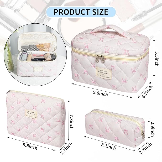 senbowe Floral Makeup Bag, 3 Pack Large Cotton Quilted Makeup Bag Set, Cute Floral Coquette Aesthetic Toiletry Bag Make Up Cosmetic Bag for Women, Toiletry Travel Make Up Organizer Bag