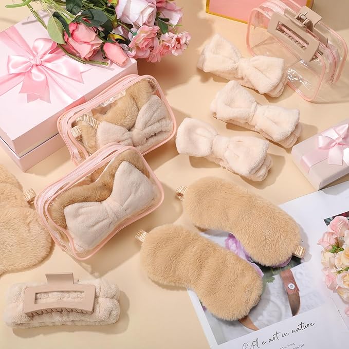 48 Pcs Galentine Spa Party Supplies Sleepover Essentials 12 Spa Headband 12 Plush Eye Mask 12 Claw Clips 12 Organza Bag for Adult Slumber Party Supplies Valentine Gift(Khaki)