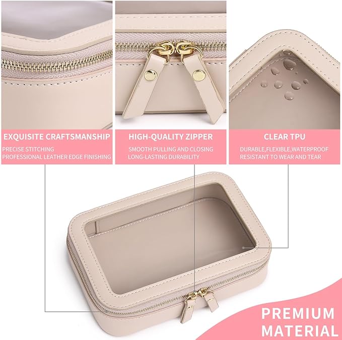 Clear Makeup Bag Small Cosmetic Bag Clear Travel Case Transparent Travel Toiletry Case Makeup Bag for Car with Zipper for Women (Beige, Small)