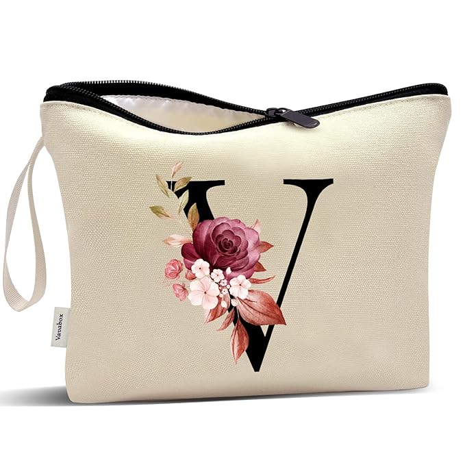 Vavabox A-Z Personalized Makeup Bag, Birthday Gifts for Women Mom, Gifts for Best Friend, Bride Bridesmaid Cosmetic bag (V, Yellow)