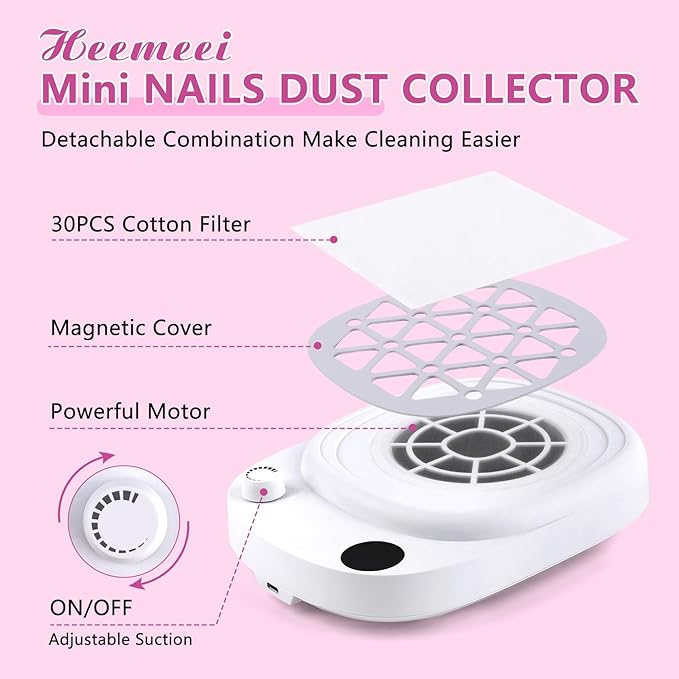Nail Dust Collector, heemeei Protable 10 Speeds Dust Collector Nail Tech with 30 Pcs Disposable Filter Papers, 6000RPM Powerful Lightweight Nail Vacuum for Beginner Acrylic Nail Manicure Home Salon