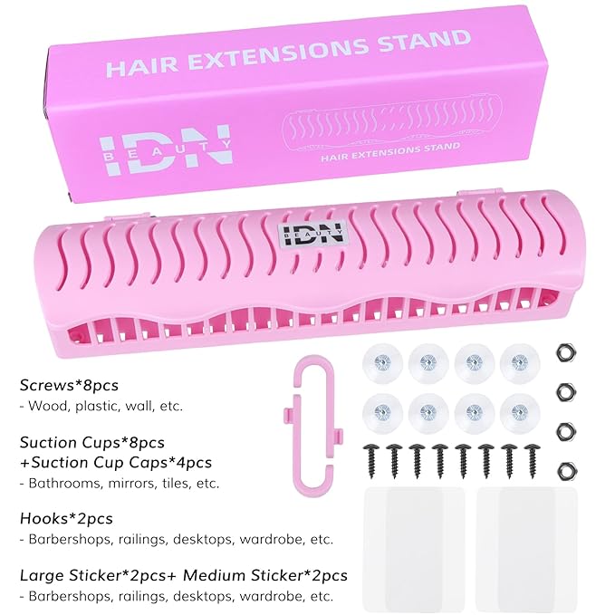 IDN BEAUTY Hair Extension Holder Stand for Styling, 4 Installation Modes With Tool, Hair Extension Holder Designed to Securely Hold Your Extensions for Washing, Styling, Packing and Storing (Pink)