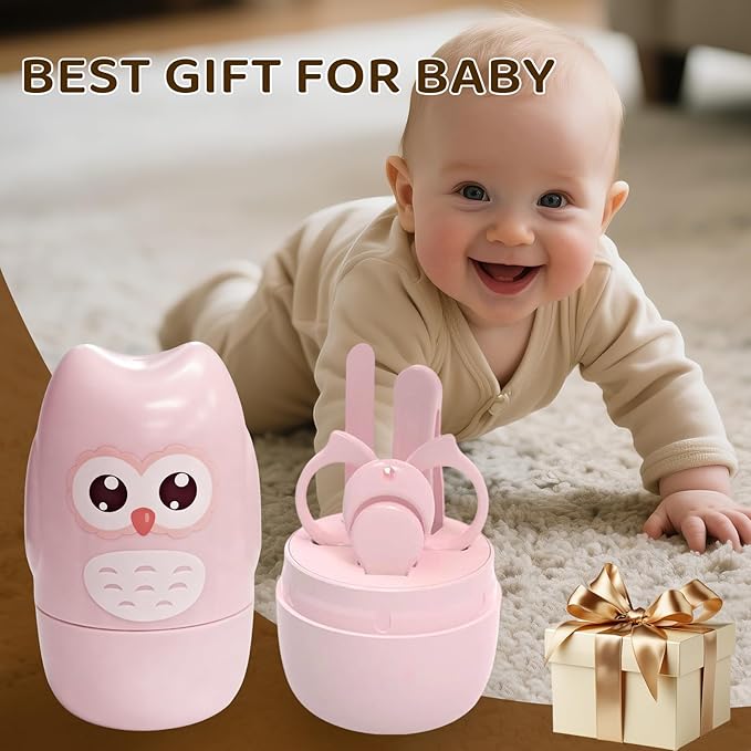 Baby Nail Kit with Cute Owl Case – Newborn Manicure & Pedicure Set with Nail Clipper, Scissors, File & Tweezers for Infant and Toddler Care (Gift for Mom) (Pink)