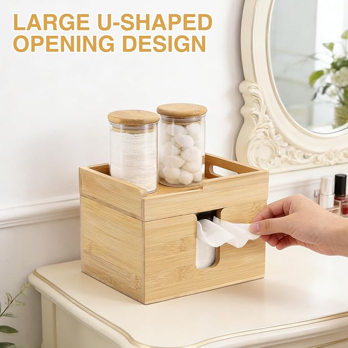 Bamboo Disposable Face Towel Holder with 2 Glass Jars - Open-Top Skincare Organizer for Facial Cleansing Wipes & Beauty Essentials - Bathroom Countertop Vanity Organizer