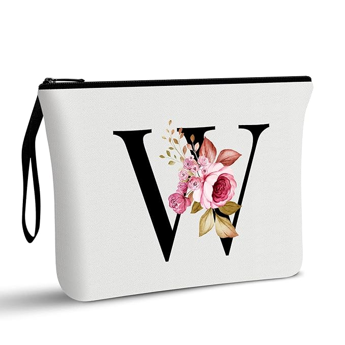 Vavabox A-Z Personalized Makeup Bag, Birthday Gifts for Women Mom, Gifts for Best Friend, Bride Bridesmaid Cosmetic bag (W, White)