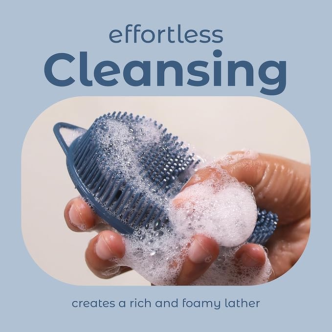 MainBasics Silicone Body Scrubber Dual-Sided Shower Loofah and Exfoliator (Dark Blue, Exfoliate)