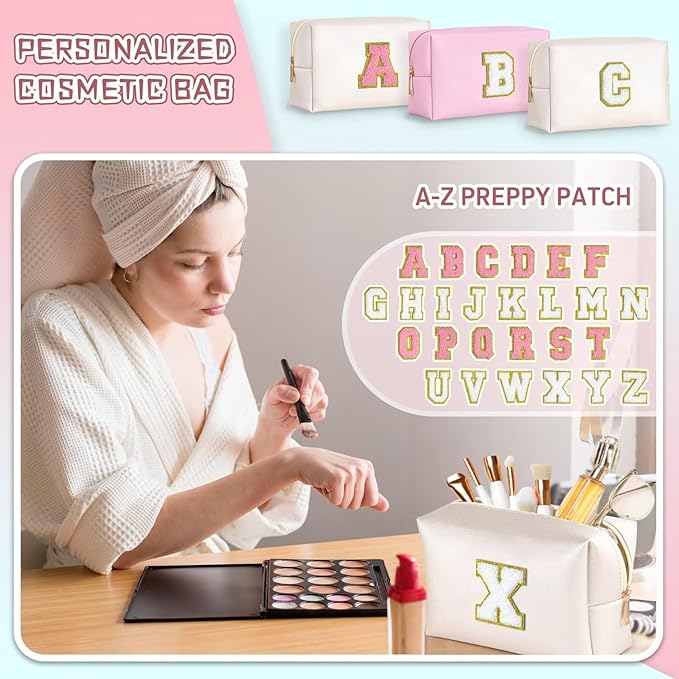 TOPEAST Preppy Makeup Bag, Small Cosmetic Travel Bags for Women, PU Leather Waterproof Toiletry Bag with Zipper, Personalized Birthday Gift for Women Girl, Preppy Gifts for Girl (White Z)