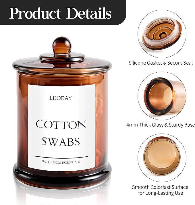 2 Pack Glass Qtip Holder Dispenser with Lids, Airtight Waterproof, 16 Oz Vanity Organizer Bathroom Canisters for Cotton Swabs, Balls, Pads, Floss Picks, Restroom Kitchen Storage Jars, Amber