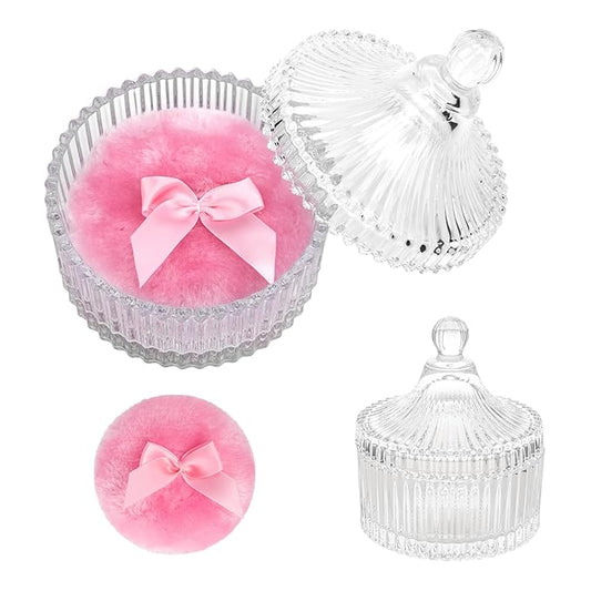 2 Pieces Large Body Powder Puff and Container - Dusting Powder Container with Puff, Crystal Case, Body Powder Puff for Women Soft Washable Reusable Velour Glitter Wet Dry Makeup