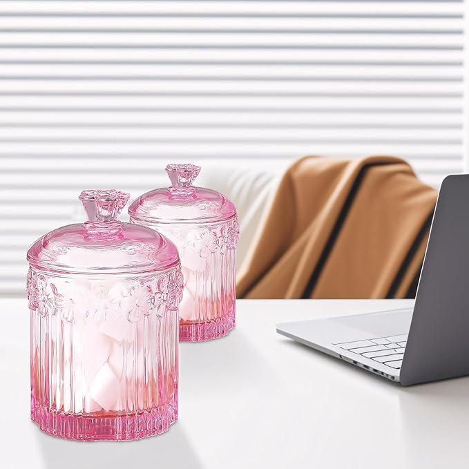 PENCK 2pcs Elegant Glass Qtip Holder Cute Apothecary Jars with Lid Stylish Hair Ties Candy Jar Bathroom Canister Essentials Accessories Decor Makeup Storage Organizer for Cotton Swabs, Balls (Pink)