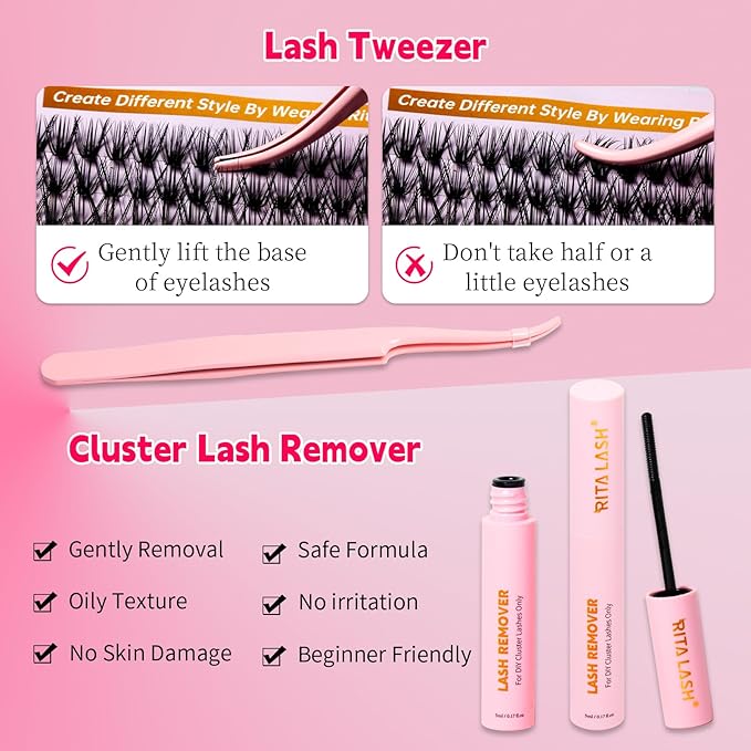 RITALASH Lash Extension Kit DIY Lash Clusters Kit 400pcs Cluster Lashes Individual Lashes Eyelash Extension Kit with Lash Bond and Seal,Lash Remover,Lash Tweezers(40D+60D Cluster Kit,8-16mm)