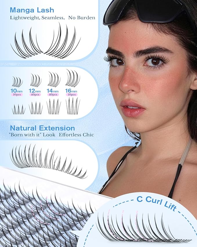 PHKERATA Natural Lash Clusters Manga Eyelash Clusters, Wispy C Curl Clusters Eyelash Extensions Invisible Clear Band, Korean Lashes Look DIY Lash Extensions, Fairy Pestañas Postizas Naturales
