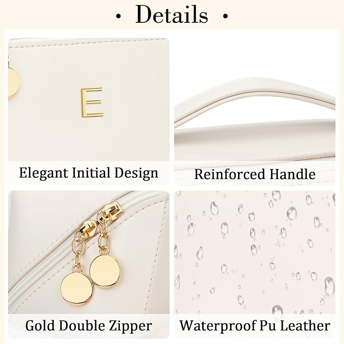 Birthday Gifts for Women Teen Girl, Personalized Initial Makeup Organizer Bag Set, Open Flat Travel Cosmetic Bag With Clear Divider and Handle(Large-Beige,E)
