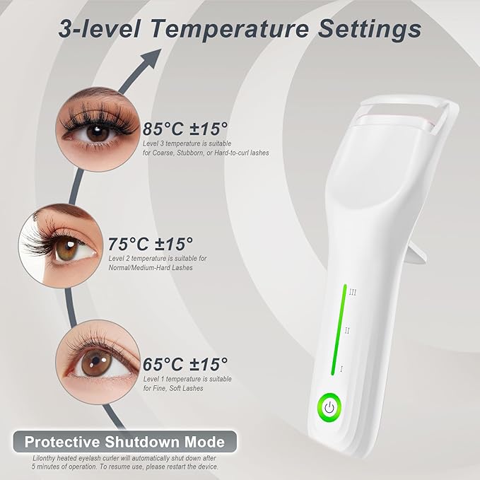 Heated Eyelash Curler, Type-C Rechargeable with 3 Temp Settings & Safe Silicone Pad for Natural Curls, Travel-Friendly (White)