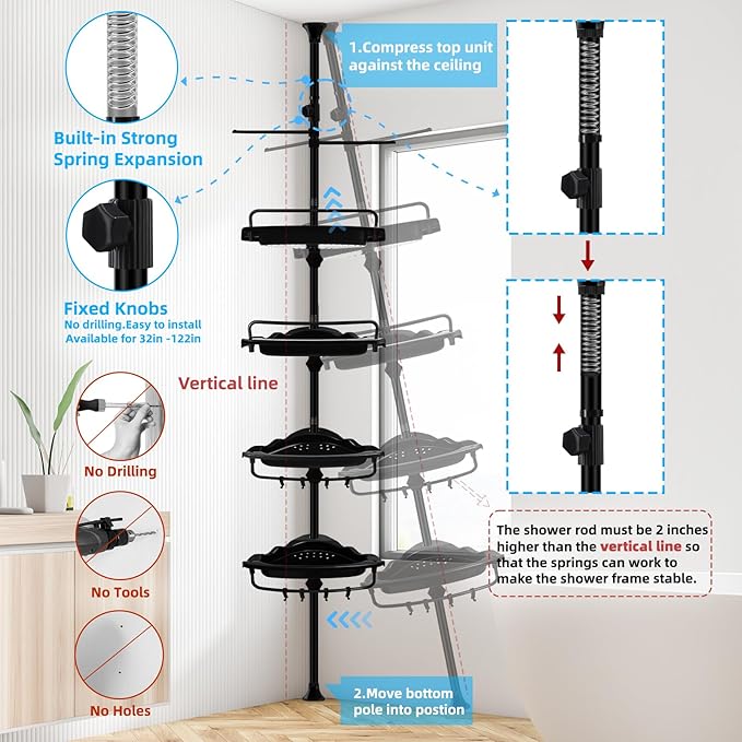 32-122inch Corner Shower Caddy Tension Pole with Shower Curtain, Rustproof Drill-Free Adjustable Shower Shelves for Bathroom Bathtub Washbasin, with 4 Tier Patent Stable Shelves & Towel Bars