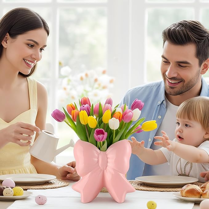Bow Vase Coquette Ceramic Vase Pen Holder Makeup Brush Holder Contemporary Design Decorative Women Gift for Christmas Home Office Shelf Table Room(Light Pink,Large,Classic)