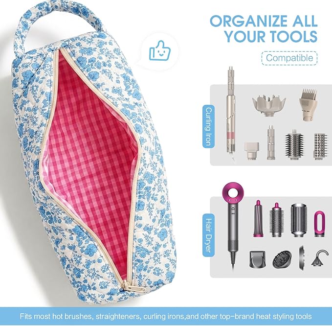 Hair Tools Travel Bag, Soft Compact Case Compatible with Dyson Airwrap & Shark Flexstyle, Curling Iron & Flat Iron Storage Organizer, 14" Portable Hair Accessories Bag（Blue Flower）